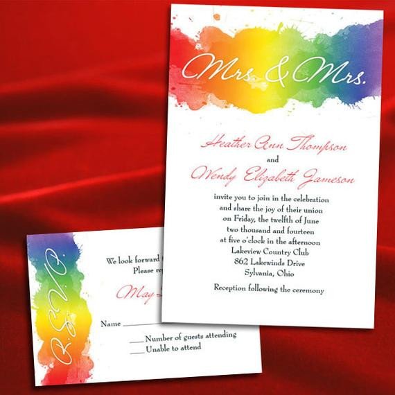 Same Sex Wedding Invitations Custom Rainbow Gay Lesbian Watercolor Wedding Invitations