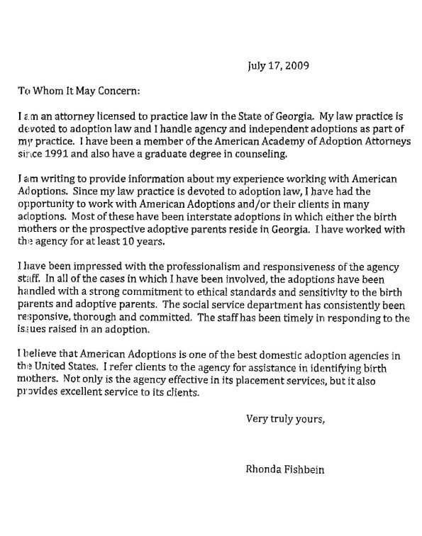 Sample Adoption Reference Letter American Adoptions Rhonda Fishbein