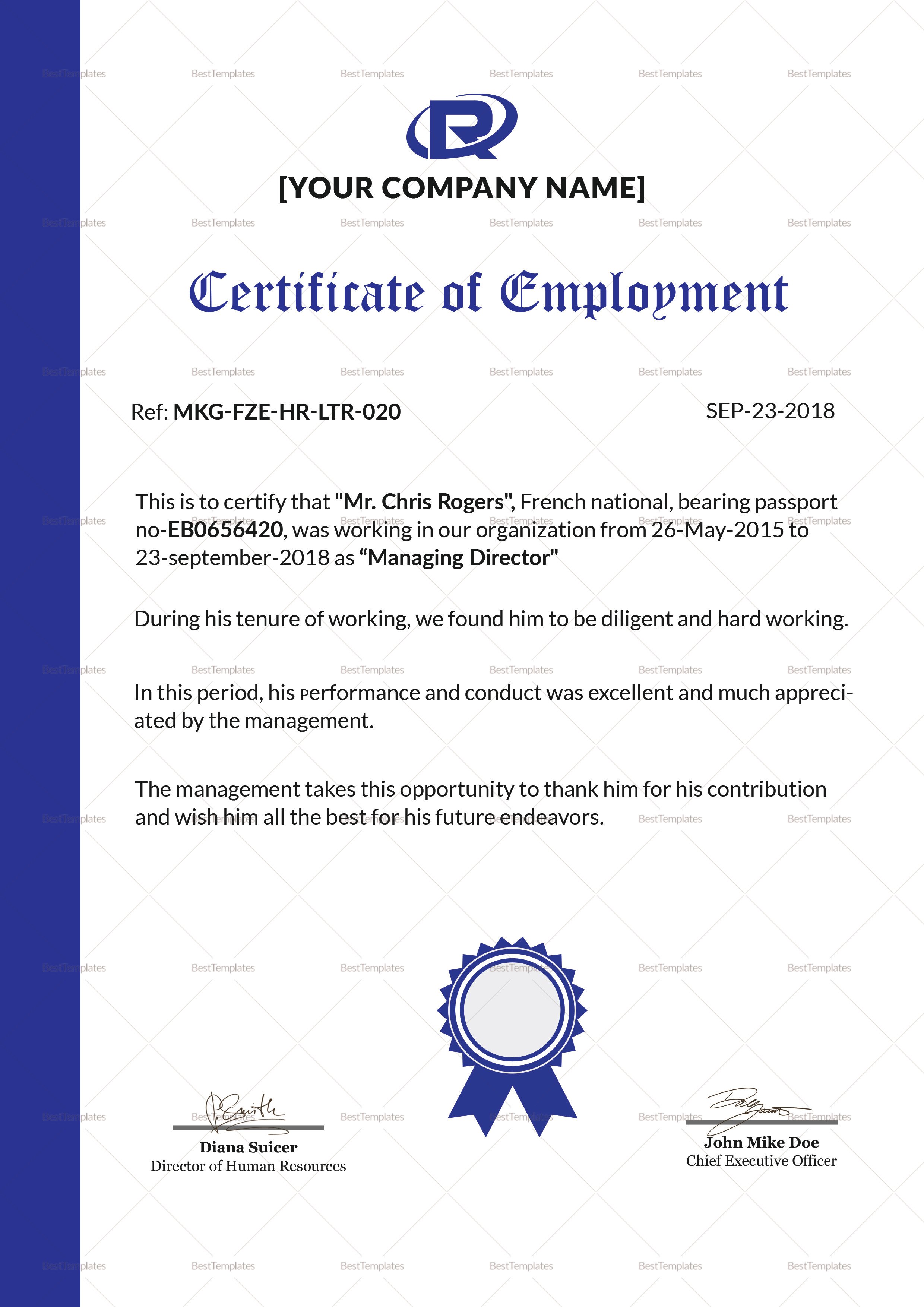Sample Certificate Of Employment Excellent Employment Certificate Design Template In Psd Word