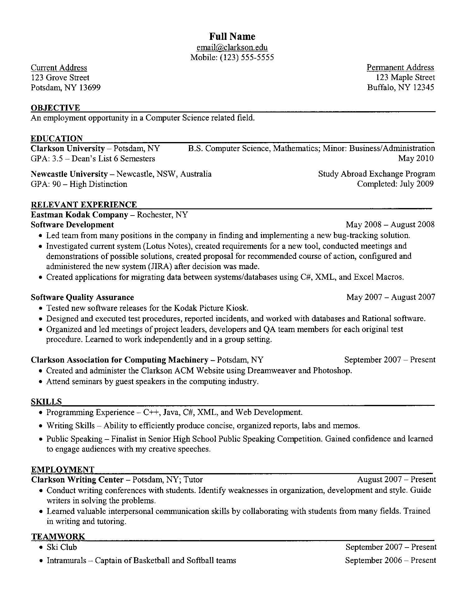 Sample Computer Science Resume Examples A Resume Clarkson University Senior Puter