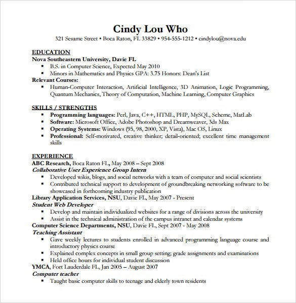 Sample Computer Science Resume Sample Puter Science Resume 11 Download Free