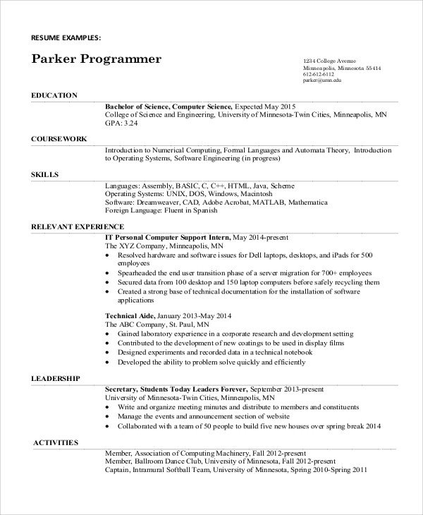 Sample Computer Science Resume Sample Puter Science Resume 8 Examples In Word Pdf