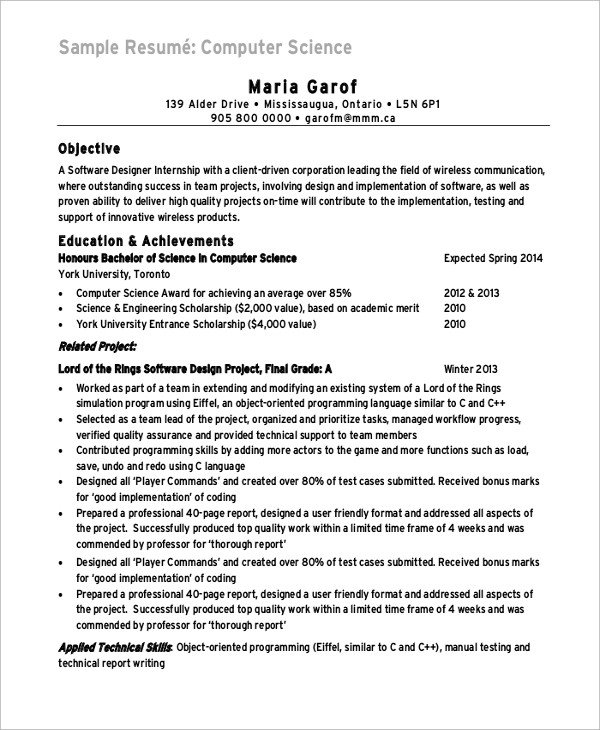 Sample Computer Science Resume Sample Puter Science Resume 8 Examples In Word Pdf