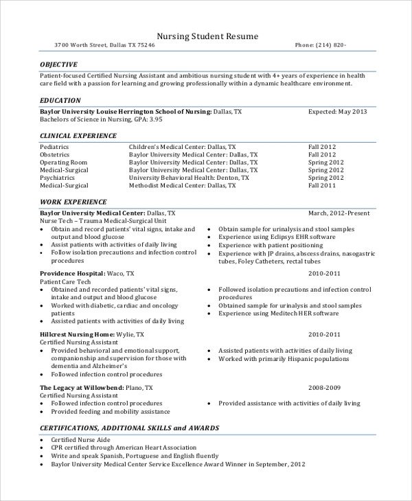 Sample Nursing Student Resume Sample Nursing Student Resume 8 Examples In Word Pdf