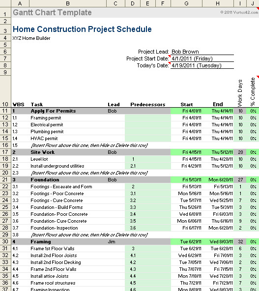 Sample Residential Construction Schedule Free Gantt Chart Template for Excel