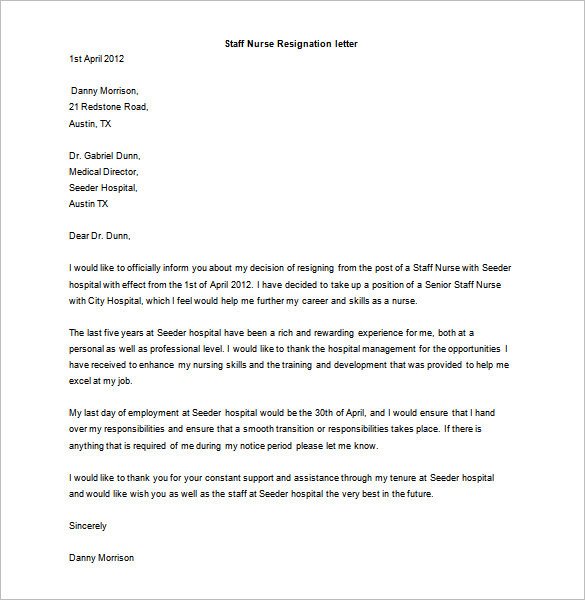 Sample Resignation Letter Nurse Resignation Letter Template 17 Free Word Pdf format