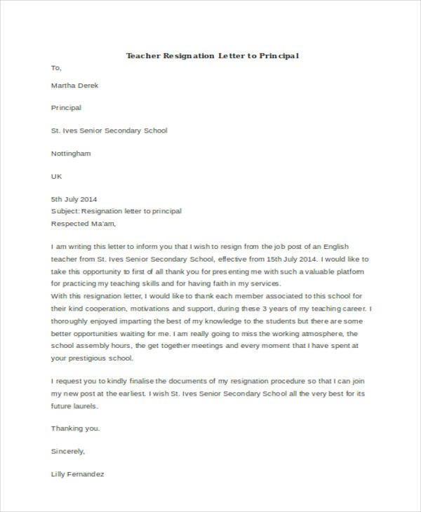 Sample Teacher Resignation Letter 40 Resignation Letter Example