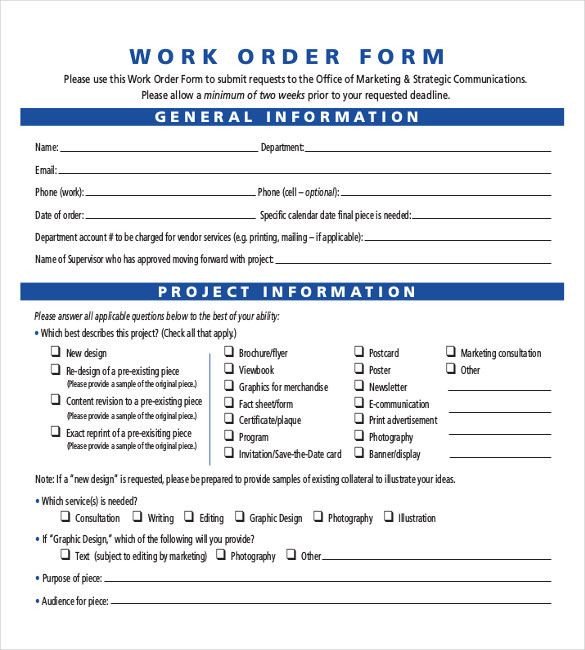 Sample Work order form 14 Work order Templates