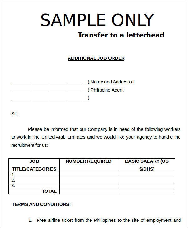 Sample Work order form 9 Job order forms Free Sample Example format Download