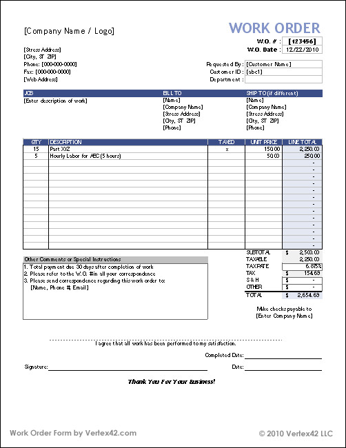 Sample Work order form Work orders
