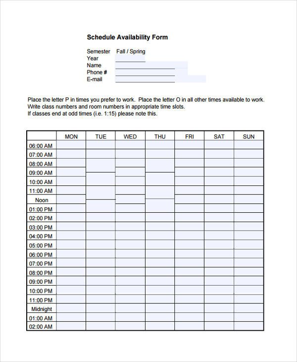 Schedule Of Availability Template 14 Employee Availability forms