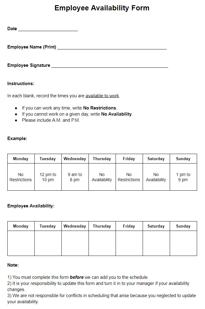 Schedule Of Availability Template Employee Availability forms How to Use them Free