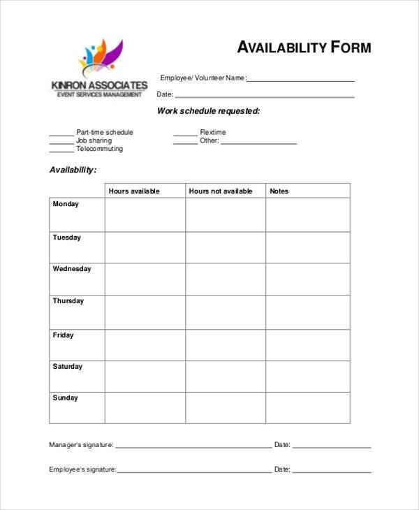 Schedule Of Availability Template Sample Employee Availability forms 9 Free Documents In