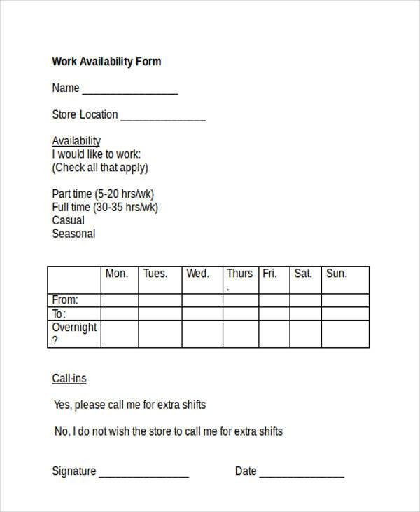 Schedule Of Availability Template Sample Employee Availability forms 9 Free Documents In