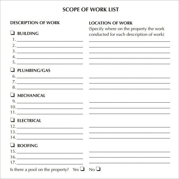 Scope Of Work Template Excel Scope Of Work 22 Dowload Free Documents In Pdf Word Excel
