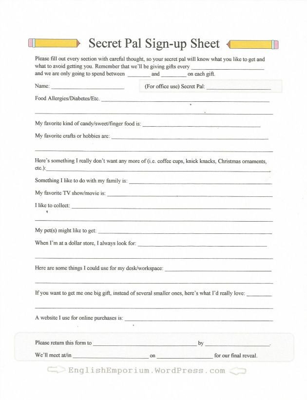 Secret Pal Questionaire Secret Pal Questionnaire form Sign Up Sheet