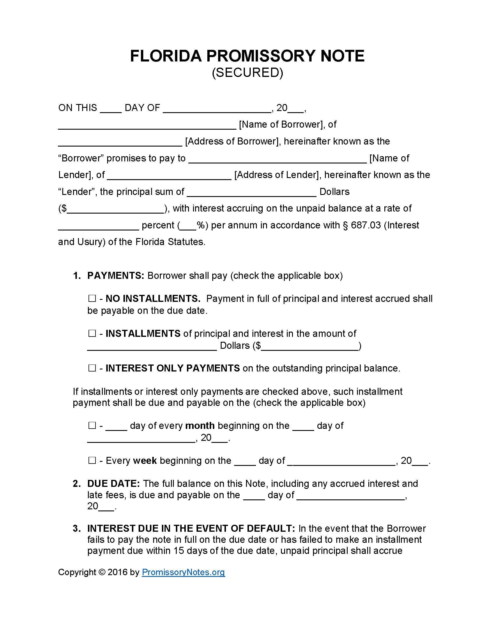 Secured Promissory Note Template Florida Secured Promissory Note Template Promissory