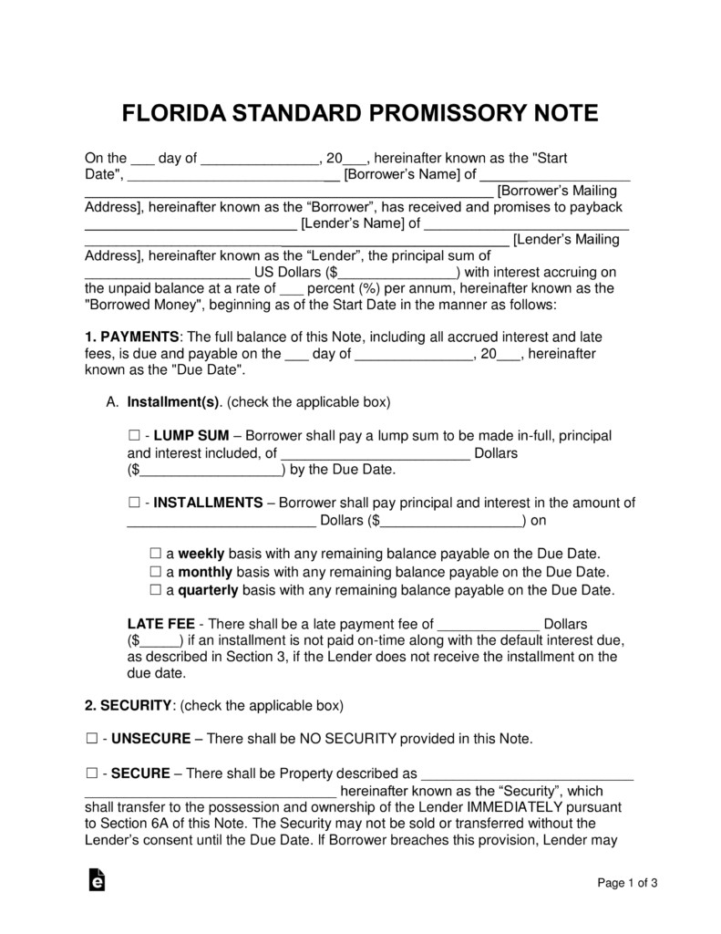 Secured Promissory Note Template Free Florida Promissory Note Templates Word