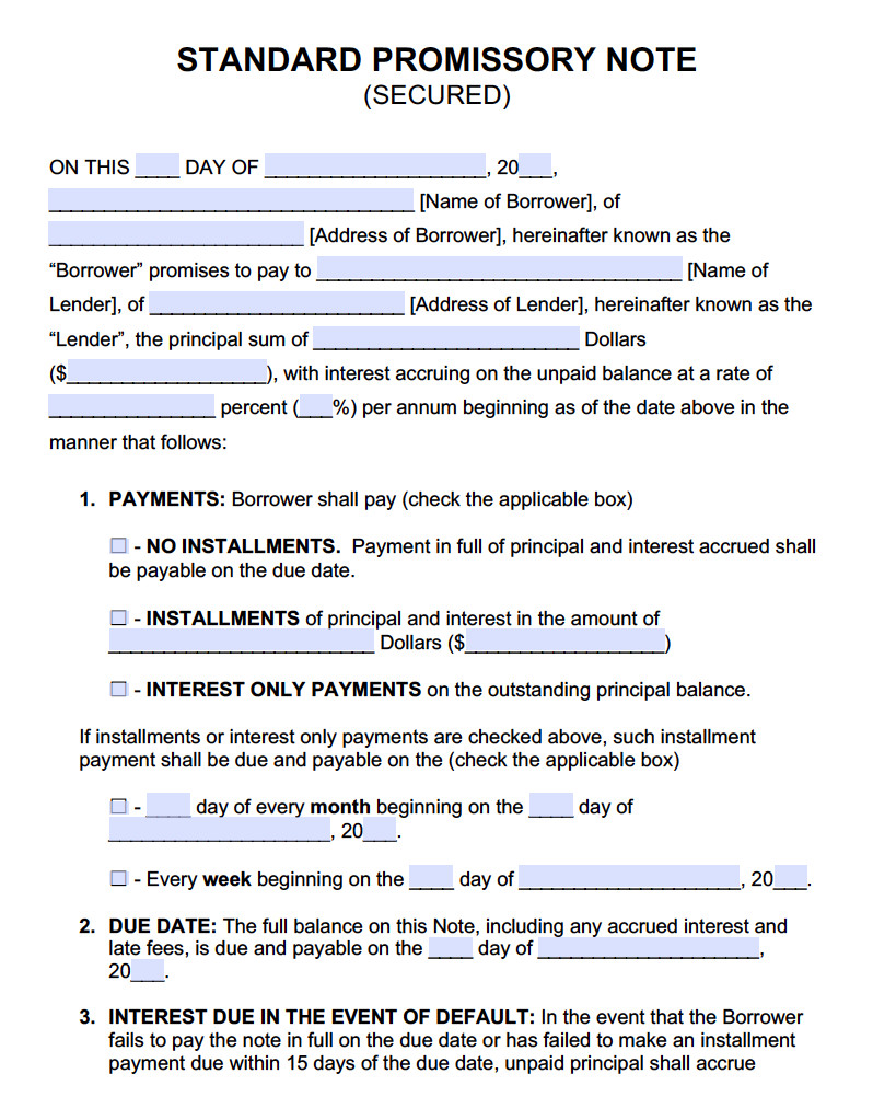 Secured Promissory Note Template Secured Promissory Note Templates Promissory Notes
