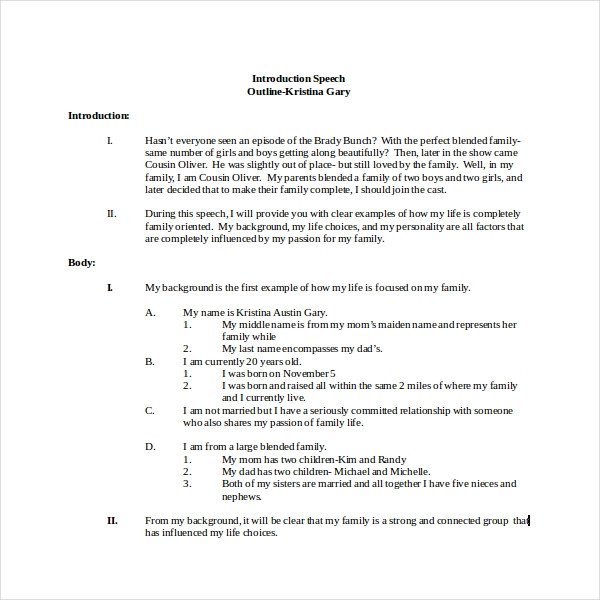 Self Intro Speech Outline 4 Introduction Speech Outline Templates Pdf Word