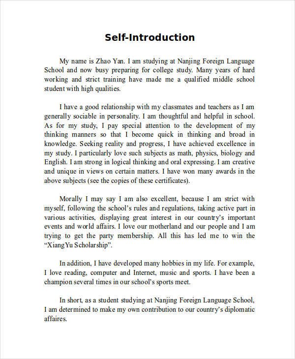 Self Intro Speech Outline 7 Self Introduction Essay Examples Samples