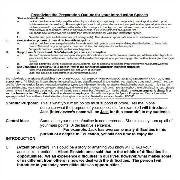 Self Introduction Speech Outline 4 Introduction Speech Outline Templates Pdf Word