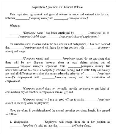Separation Agreement Template Word 9 Simple Employment Separation Agreement Templates Word
