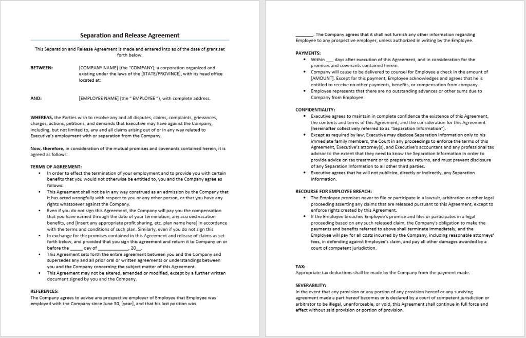 Separation Agreement Template Word Separation and Release Agreement Template – Microsoft Word