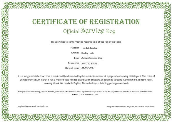 Service Dog Certificate Template Certificate Templates