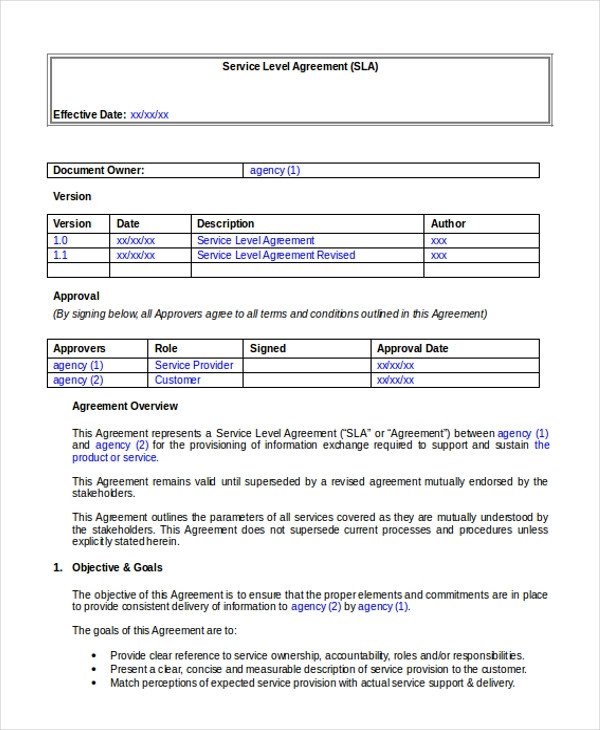Service Level Agreement Template Sample Service Level Agreement form 10 Free Documents