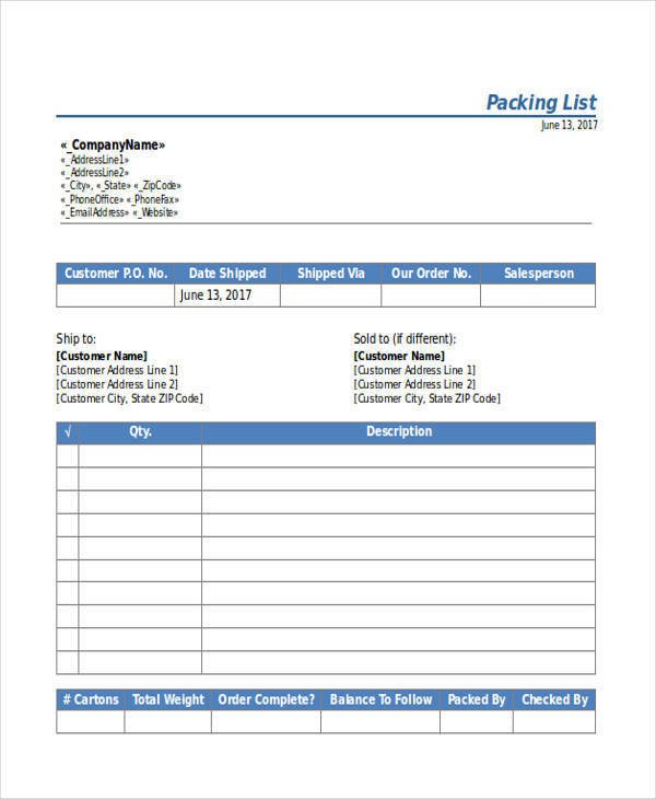 Shipping Packing List Template 61 Printable List Template