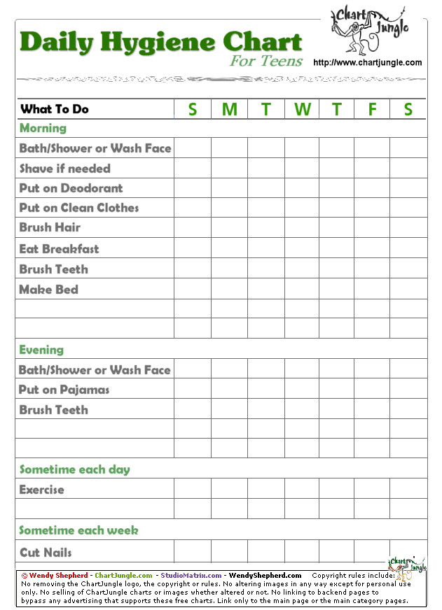 Shower Schedule Nursing Home Teen Daily Hygiene Chart