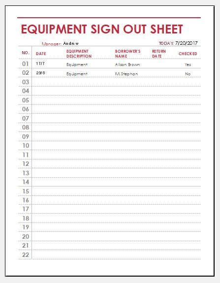 Sign Out Sheet Template Equipment Sign Out Sheet