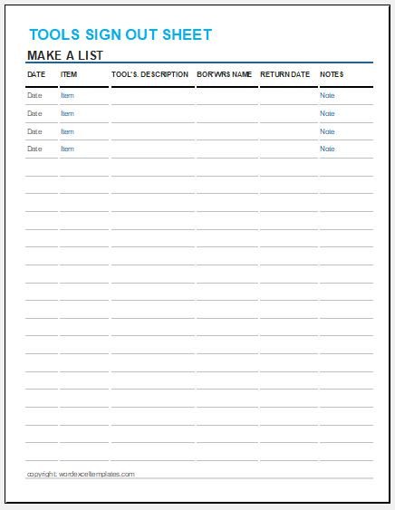 Sign Out Sheet Template tools Sign Out Sheet Template for Excel