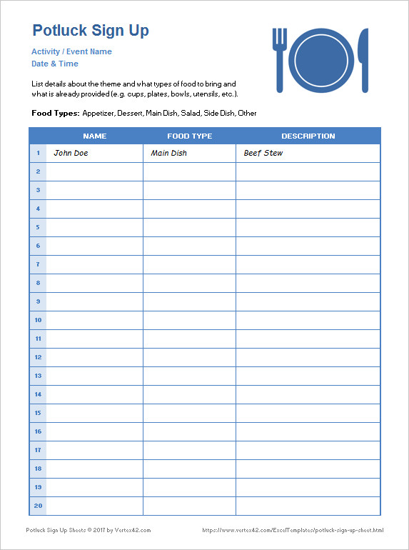 Sign Up form Template Potluck Sign Up Sheets for Excel and Google Sheets