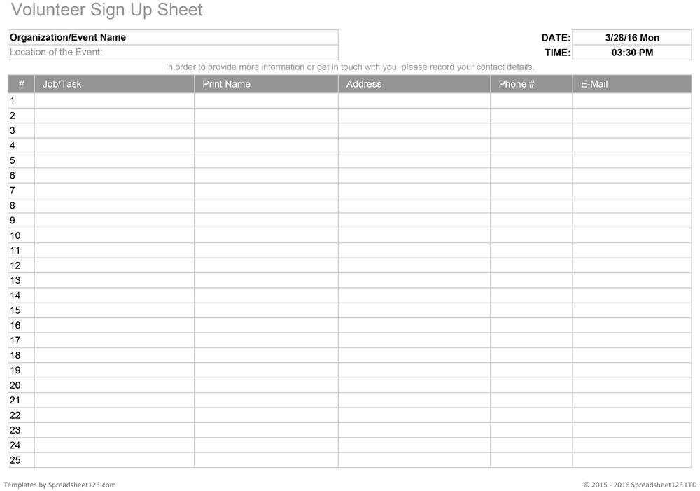 Sign Up form Template Printable Sign Up Worksheets and forms for Excel Word and Pdf