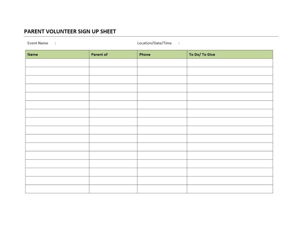 Sign Up Sheet Template Word Parent Volunteer Sign Up Sheet