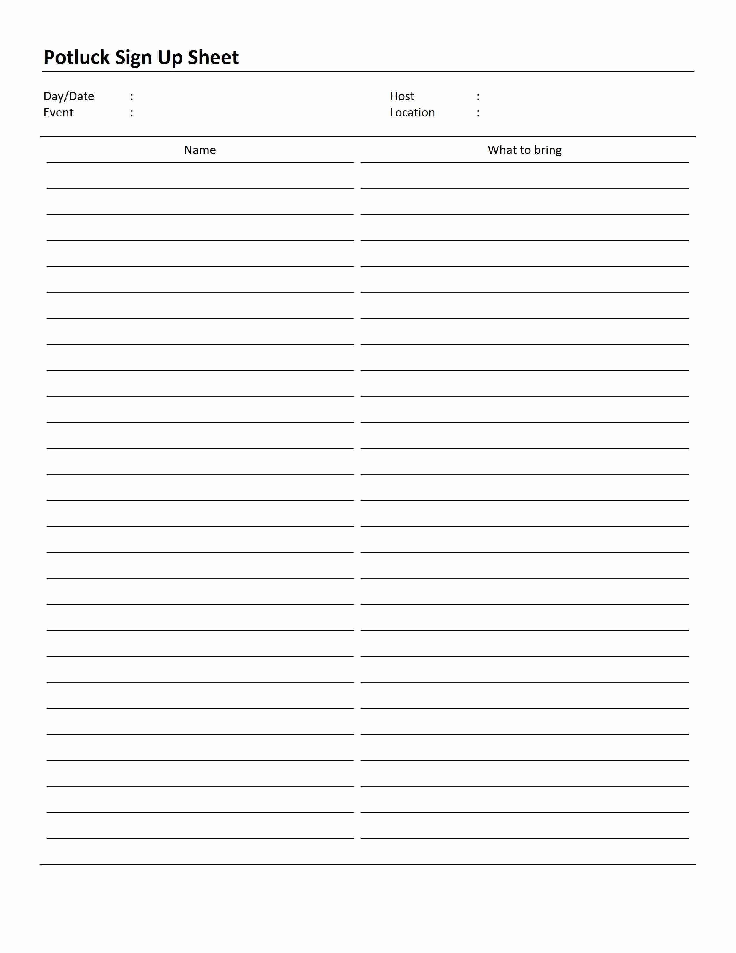 Sign Up Sheet Template Word Potluck Sign Up Sheet