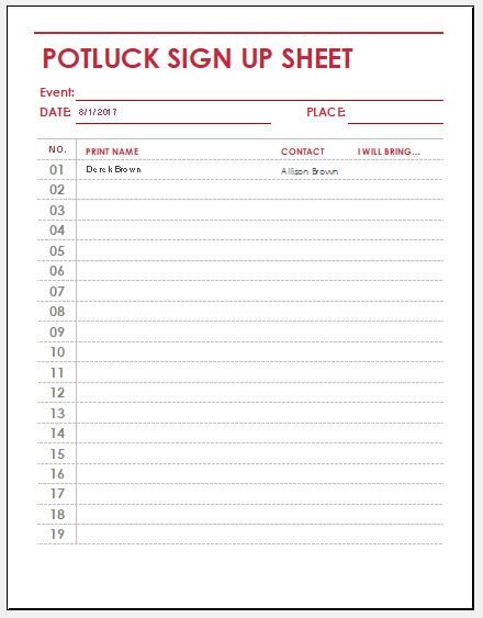 Sign Up Sheet Template Word Potluck Sign Up Sheet Templates for Excel