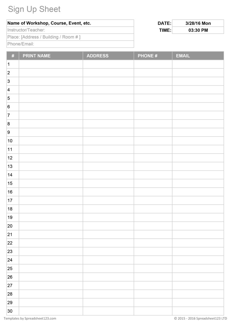 Sign Up Sheet Template Word Printable Sign Up Worksheets and forms for Excel Word and Pdf