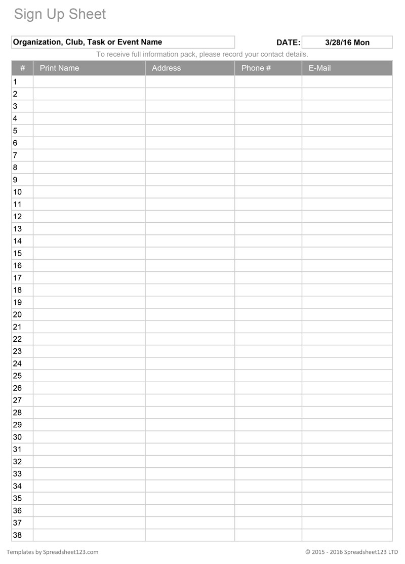 Sign Up Sheet Template Word Printable Sign Up Worksheets and forms for Excel Word and Pdf
