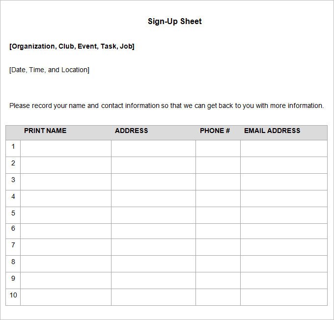 Sign Up Sheet Template Word Sign Up Sheets 58 Free Word Excel Pdf Documents