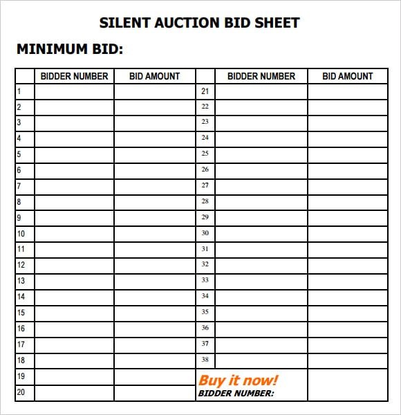 Silent Auction Bid Sheet 6 Silent Auction Bid Sheet Templates formats Examples