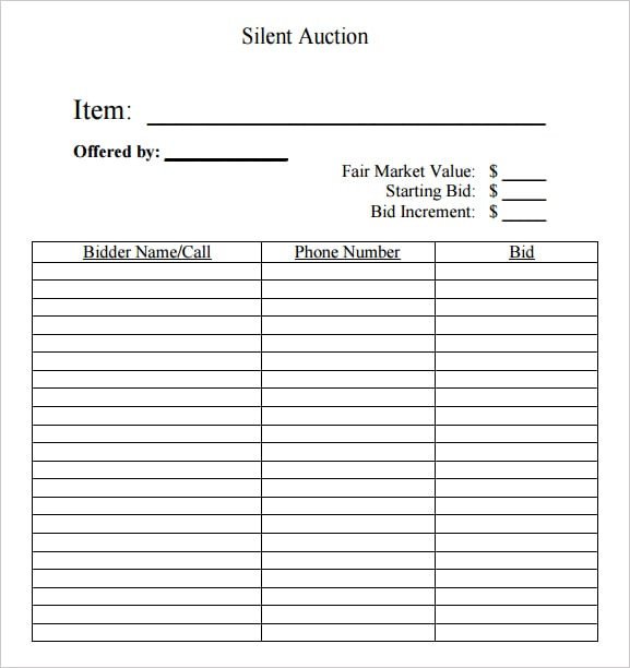 Silent Auction Bid Sheet Template 6 Silent Auction Bid Sheet Templates formats Examples