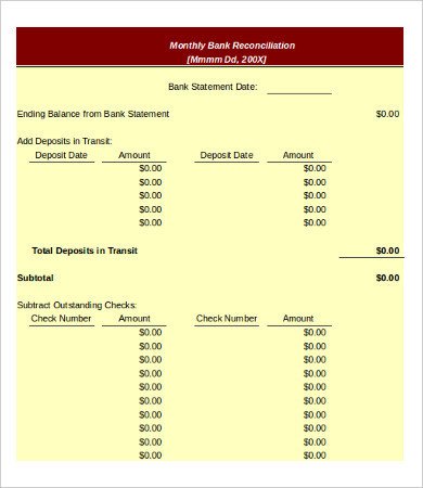 Simple Bank Reconciliation Template Bank Reconciliation Template 11 Free Excel Pdf