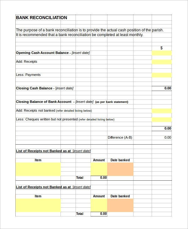 Simple Bank Reconciliation Template Sample Bank Reconciliation 8 Examples In Word Pdf