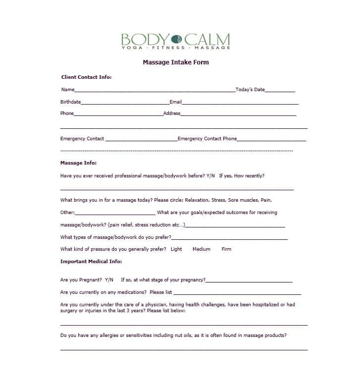 Simple Massage Intake form 59 Best Massage Intake forms for Any Client Printable