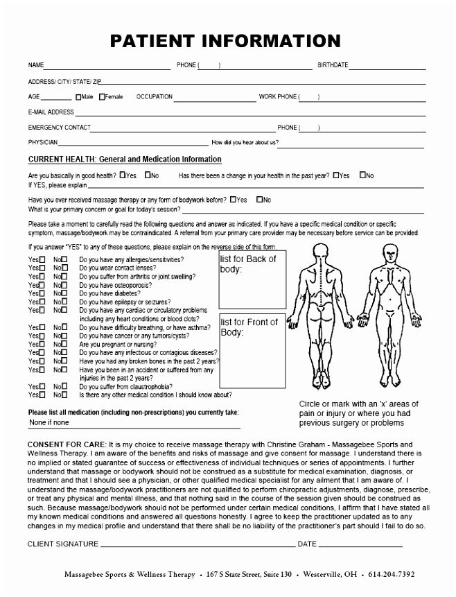 Simple Massage Intake form Client Intake forms Printable Client Intake form