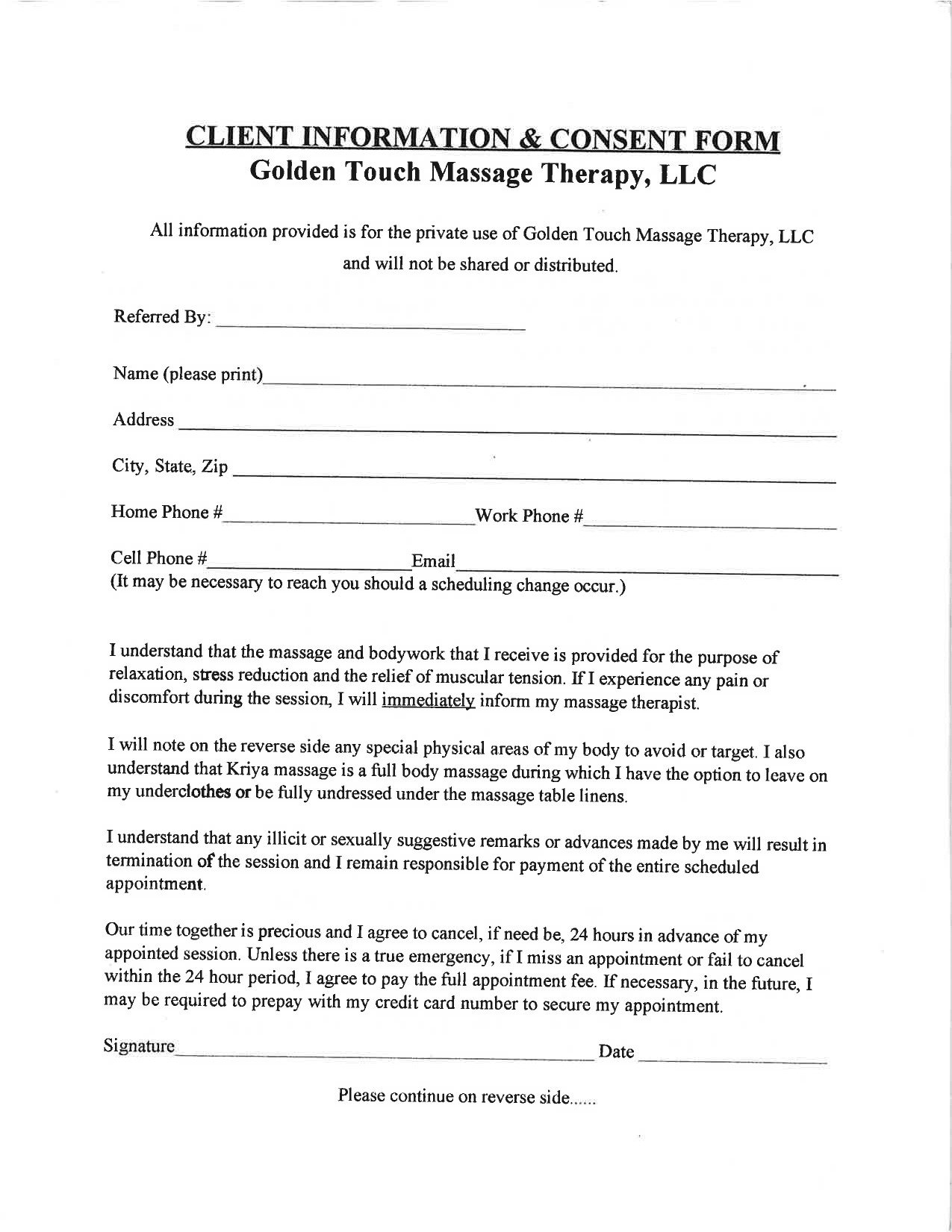 Simple Massage Intake form Golden touch Massage therapy Client Intake form