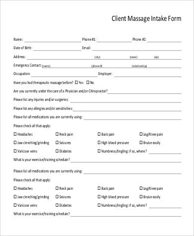 Simple Massage Intake form Sample Massage Intake form 9 Examples In Word Pdf